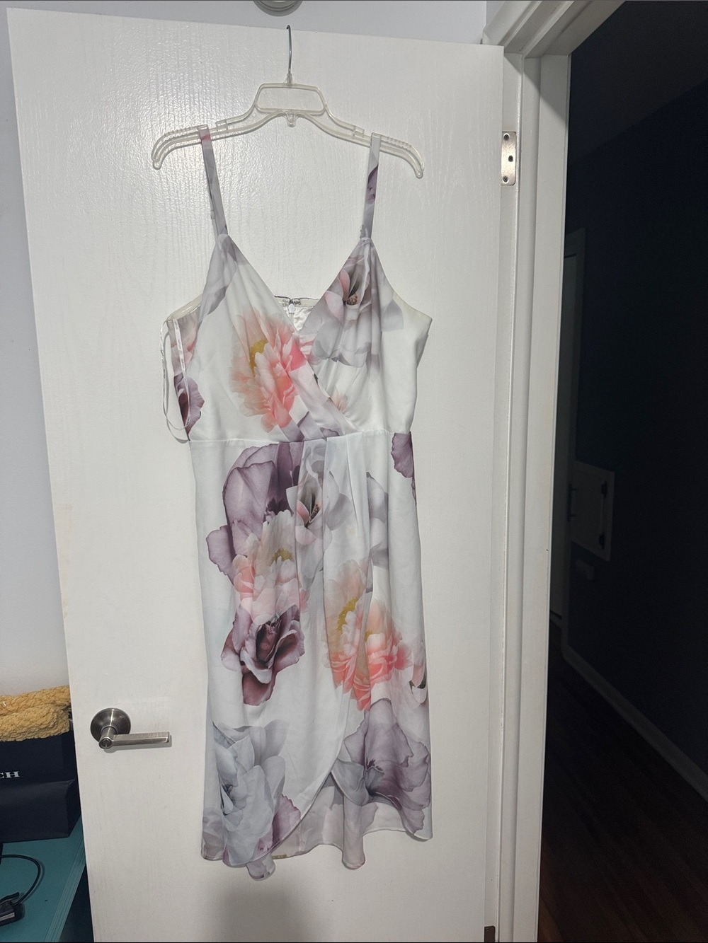 City Chic White Satin Floral Slip Dress with Pink & Purple Blooms